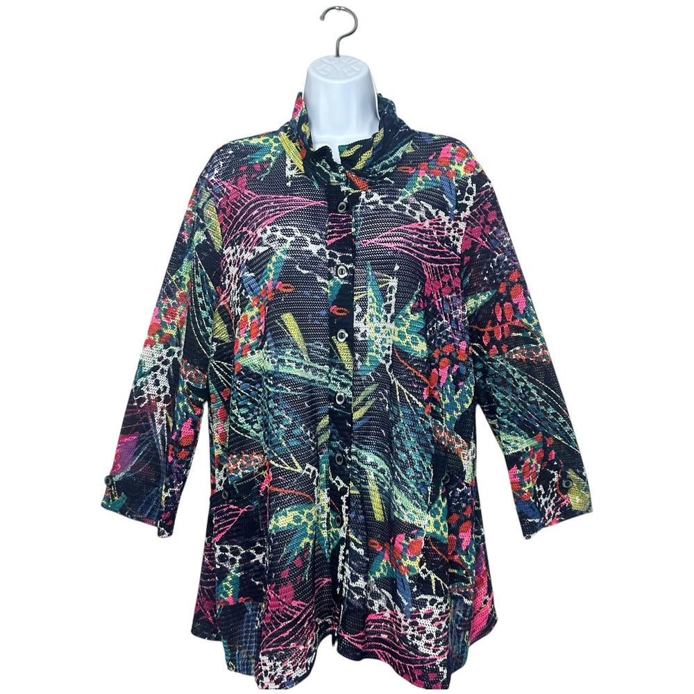 Ali Miles XL Abstract Black Colorful Knit Sheer Button Front Top Jacket